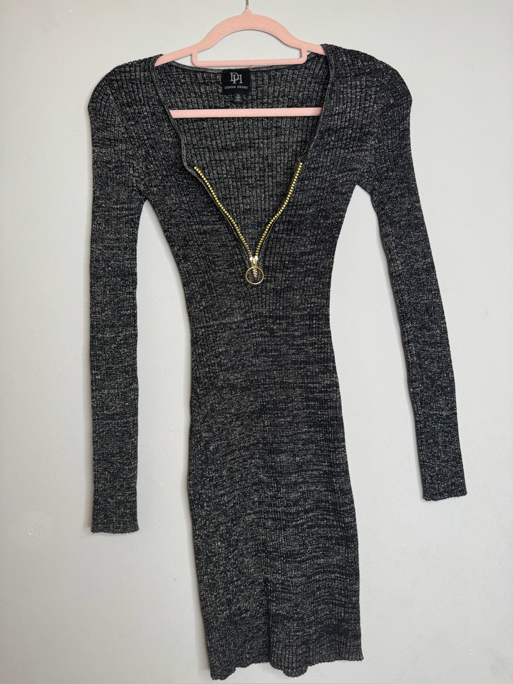 Derek Heart Charcoal Rib-Knit Long Sleeve Zip Front Dress